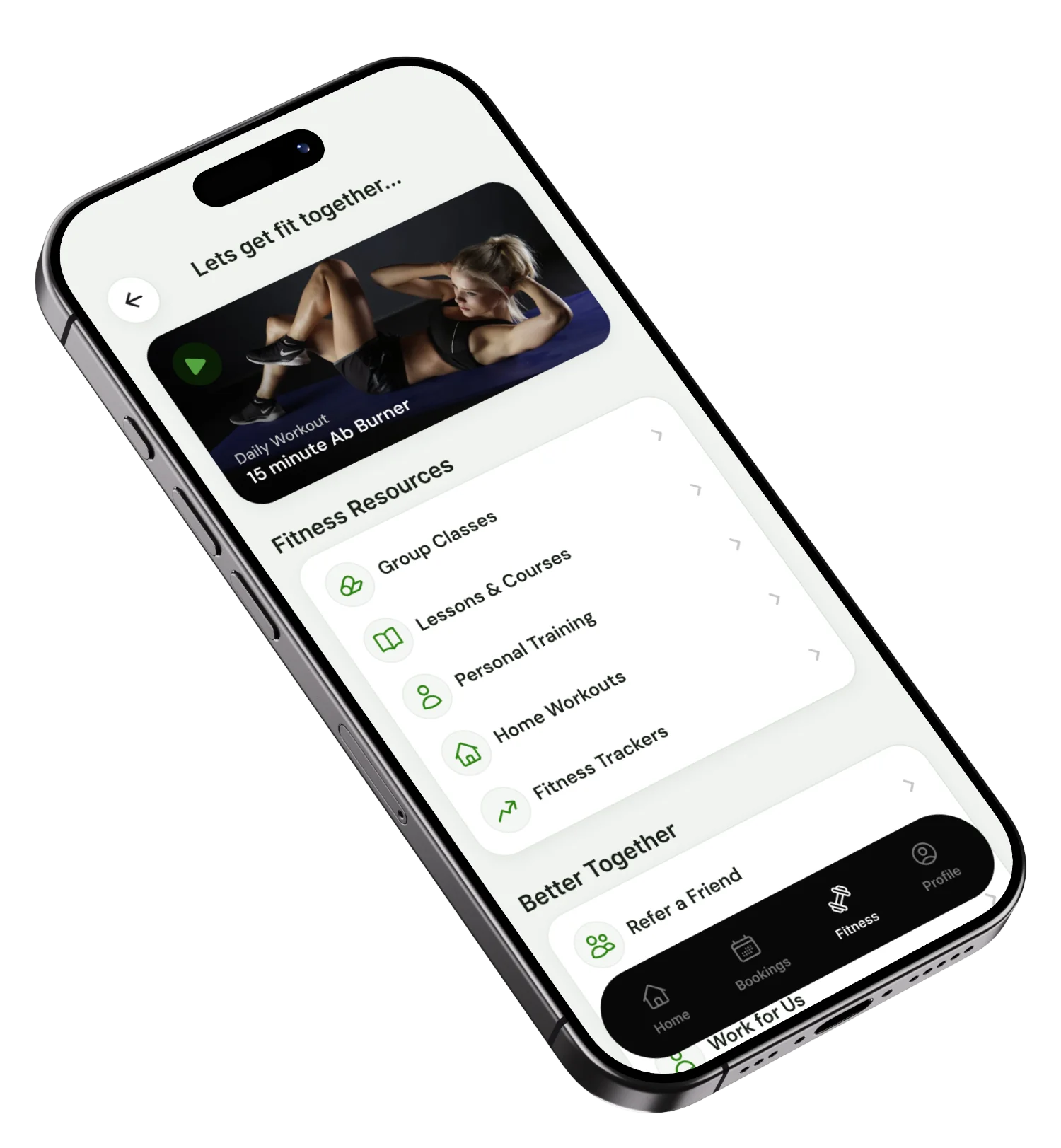 Floating mockup of new design for the Better Gym app over a green gradient backdrop.